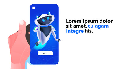 Poster - cute robot cyborg on smartphone screen modern robotic character artificial intelligence technology concept