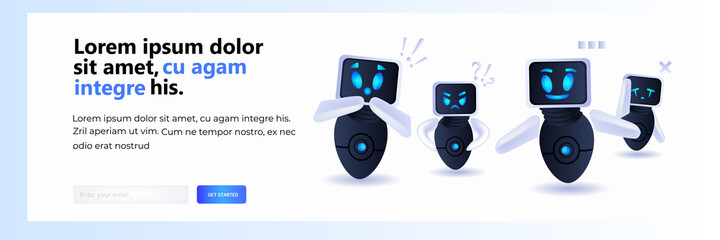 Poster - frustrated robots cyborg with exclamation marks help support service FAQ problem artificial intelligence
