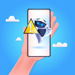 Poster - modern robot with yellow triangle sign with exclamation mark running out of charge artificial intelligence technology