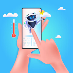 Poster - modern robot with sun and cloud icons on smartphone screen artificial intelligence technology weathe