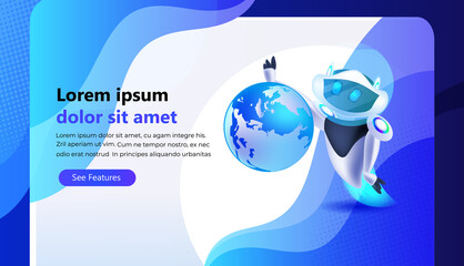 Poster - modern robot with earth planet exploration artificial intelligence concept horizontal