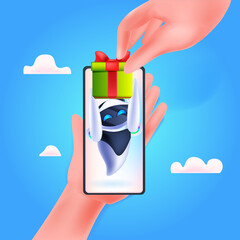 Poster - modern robot with wrapped gift box on smartphone screen birthday or holiday celebration artificial i