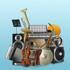 Canvas Print - Group of different musical instruments on light blue background