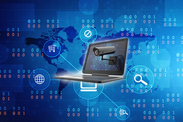 Poster - 3d rendering Surveillance CCTV Security Camera connected laptop
    
  