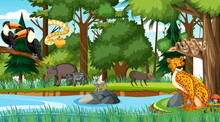 Forest At Daytime Scene With Different Wild Animals
