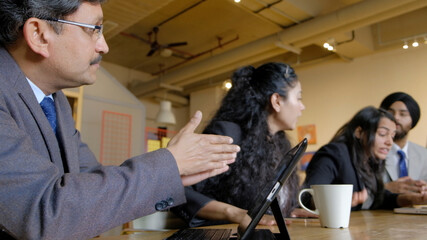 Poster - Business company team aggressively discussing project mistakes with workers during the meeting