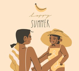 Hand drawn vector abstract stock graphic summer time cartoon,minimalistic style illustrations with bohemian beautiful mom and daughter sunbathes and sitting on the beach,Happy Summer lettering text.