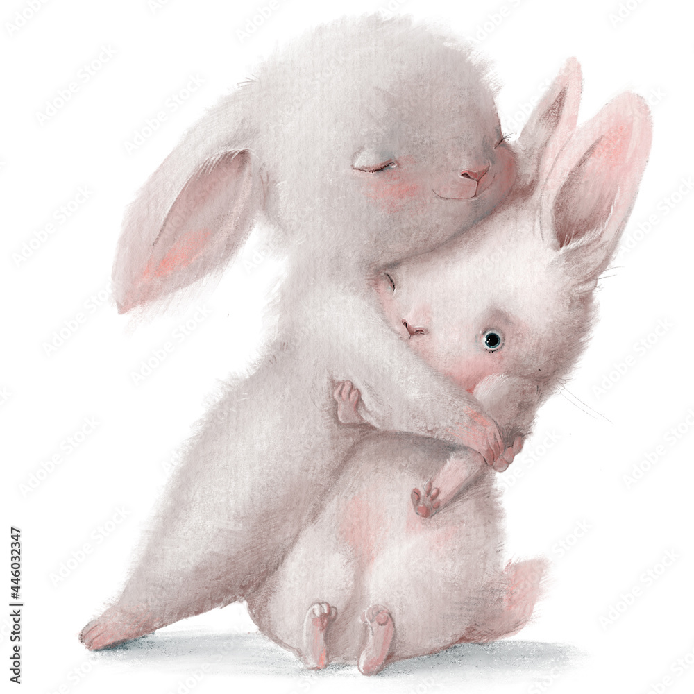 cute cartoon white hares couple in hugs - obrazy, fototapety, plakaty 
