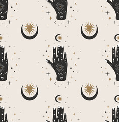seamless pattern.esoterics painted hand mehendi of sun, moon,stars,alchemy esoteric mystical magic c