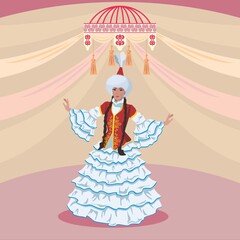 Wall Mural - Vector illustration. A beautiful young woman in a Kazakh national costume on a wedding background