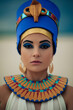 Portrait of woman in image of egyptian queen Nefertiti in desert.