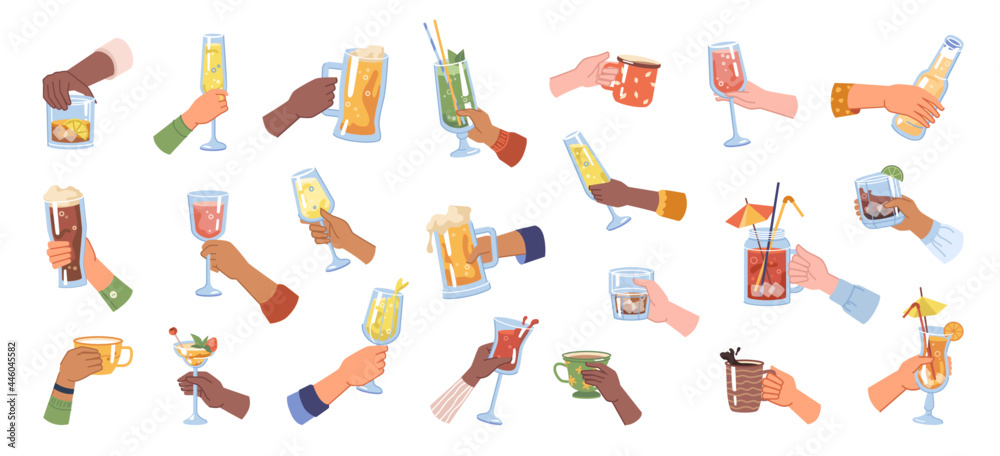 Glasses and cups with alcohol and hot beverages. Isolated hands cheers, celebration and festivity. Cocktails and beer, wine and champagne, coffee and tea, leisure holiday set. Flat cartoon vector - obrazy, fototapety, plakaty 
