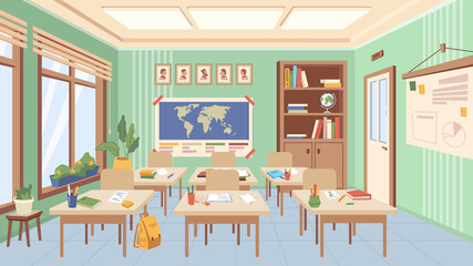 Classroom of school or college interior design, auditorium with desks and books with supplies for lessons. Educational establishment, room with world map and picture. Cartoon vector in flat style