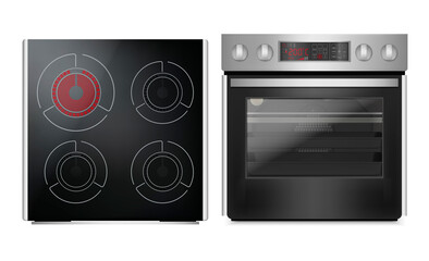 Canvas Print - Realistic Detailed 3d Induction Cooking Panel with Oven Set. Vector