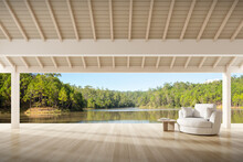 3D Rendering Of Wooden Terrace With Fabric Couch On Nature Background. Vacation, Relaxation.