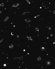 Space seamless pattern with planets, comets, constellations, rocket, satellite, stars and other. Hand drawn doodle sketch background. Nignt sky vector illustration.