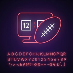 Poster - Online football games neon light icon. Modern sport matches simulator types. Outer glowing effect. Sign with alphabet, numbers and symbols. Vector isolated RGB color illustration