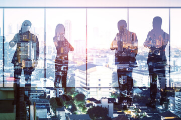 Poster - Businessmen working together on abstract city background. Teamwork and success concept. Double exposure.