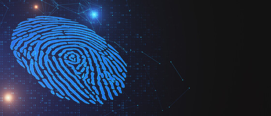 Aufkleber - Abstract glowing blue fingerprint on dark background with mock up place. Biometrics and id concept. 3D Rendering.
