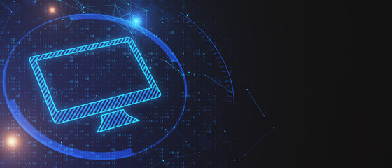 Poster - Panoramic glowing computer monitor icon on dark blue background with binary code and mock up place. Digital transformation concept. 3D Rendering.