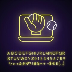 Canvas Print - Online baseball games neon light icon. Digital version of sport matches. Outer glowing effect. Sign with alphabet, numbers and symbols. Vector isolated RGB color illustration