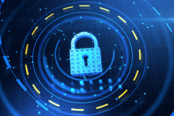 Poster - Creative lock hologram on dark blue background. Safety and web concept. 3D Rendering.