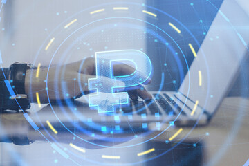 Aufkleber - Side view and close up of businessman hands using laptop with glowing ruble interface on blurry office desktop. Currency and online banking concept. Double exposure.