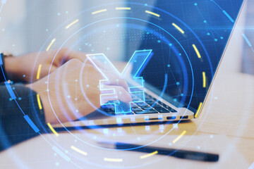 Aufkleber - Close up of hands at desktop using laptop with glowing yen hologram. Currency and finance concept. Double exposure.