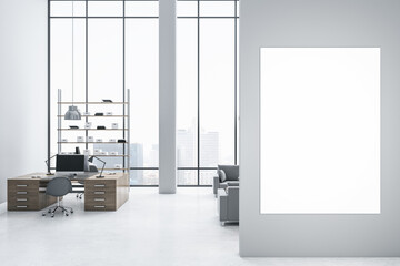 Aufkleber - White office interior with empty mock up poster, panoramic window and bright daytime city view, furniture and equipment. 3D Rendering.