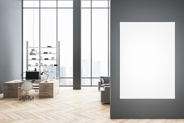 Aufkleber - Concrete office interior with empty mock up poster, panoramic window and bright daytime city view, furniture and equipment. 3D Rendering.