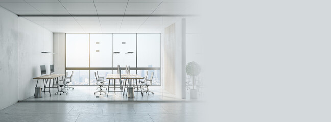 Sunny stylish coworking office with eco design project, huge windows with skyscrapers city view, wooden tables and wall decoration on blank light background with copyspace for your company logo. 