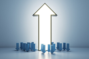 Aufkleber - Huge glowing upward arrow and many small downward facing ones on concrete interior background. Leadership, start up and standing out concept. 3D Rendering.