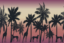 African Seamless Pattern. Sunset Background With Palm Trees, Cheetah And Giraffes. Vector Illustration. Tropical Evening In Jungle