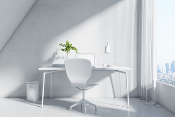 Aufkleber - Modern white interior with desktop and empty white laptop. Hipster home workplace. 3D Rendering.