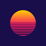 Fototapeta Zachód słońca - Sunset. Retro sun of 80s or 90s. Background for cyberpunk, disco of 80 s and sunrise in miami. Neon gradient graphic for summer logo. Futuristic icon for flyer, design, music and shirt. Vector