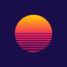Sunset. Retro Sun Of 80s Or 90s. Background For Cyberpunk, Disco Of 80 S And Sunrise In Miami. Neon Gradient Graphic For Summer Logo. Futuristic Icon For Flyer, Design, Music And Shirt. Vector