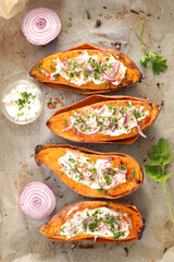 Wall Mural - baked sweet potato with cream and spices