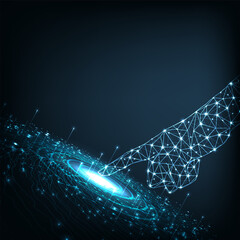 Poster - Hand design Technologies of the future.Polygonal Hand mesh image on dark blue background.Futuristic technology. Hi-tech abstract background.