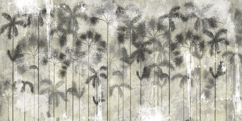 tropical tall trees on a textured background imitation of the surface of the wall, photo wallpaper in the interior of the room