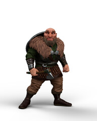 Wall Mural - 3D illustration of a fantasy warrior dwarf character with axe in his hand and shield on his back isolated on a white background.