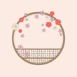 Chinese traditional window. Round frame in flowers. Hand drawing of a Chinese window in colors. Vector. Illustration for card, poster, banner, label, print. Romantic and cute design.