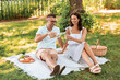 © Syda Productions - leisure and people concept - happy couple having picnic and pouring wine to glass at summer park