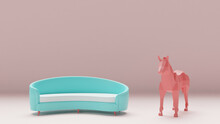 3D Rendering Of A Blue Sofa And Pink Horse Standing On A Pink Background