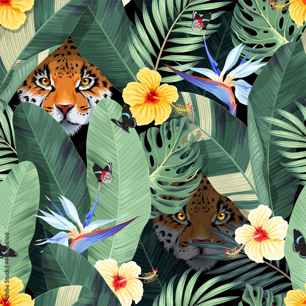 Seamless pattern with tropical flowers and jaguar - obrazy, fototapety, plakaty 