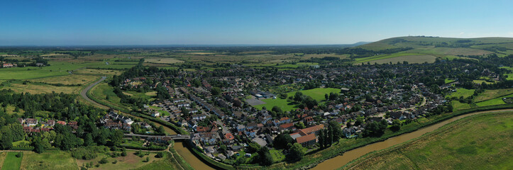  Aerial panoramic photo over Bramber village and the countryside of West Sussex and the South Downs.