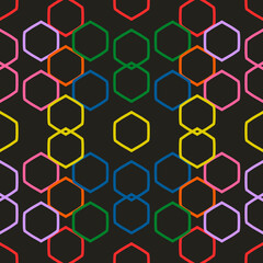 Poster - Colorful hexagons and black background. Seamless multicolor hexagons ornament. Vector.