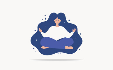 Beautiful woman sitting in a cross-legged lotus position. Yoga and mindfullness concept. Minimalist flat vector illuatration of girl meditating