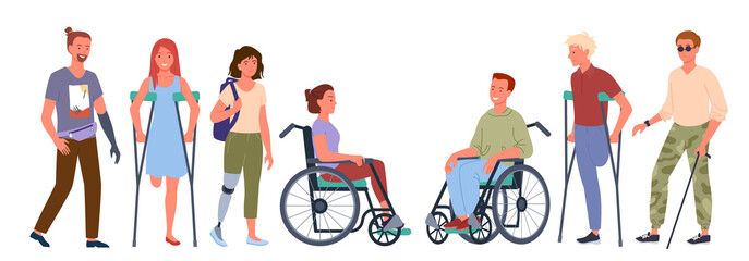 Disabled handicap people vector illustration set. Cartoon smiling man and woman patient handicapped characters standing in row, sitting in wheelchair, holding crutches. Disablement isolated on white