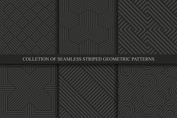 Wall Mural - Collection of vector seamless striped patterns. Black geometric luxury backgrounds. Dark linear textures