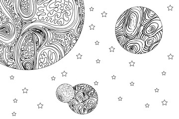 Wall Mural - Doodle alien fantasy landscape coloring page for adults. Fantastic graphic artwork. Hand drawn simple illustration.